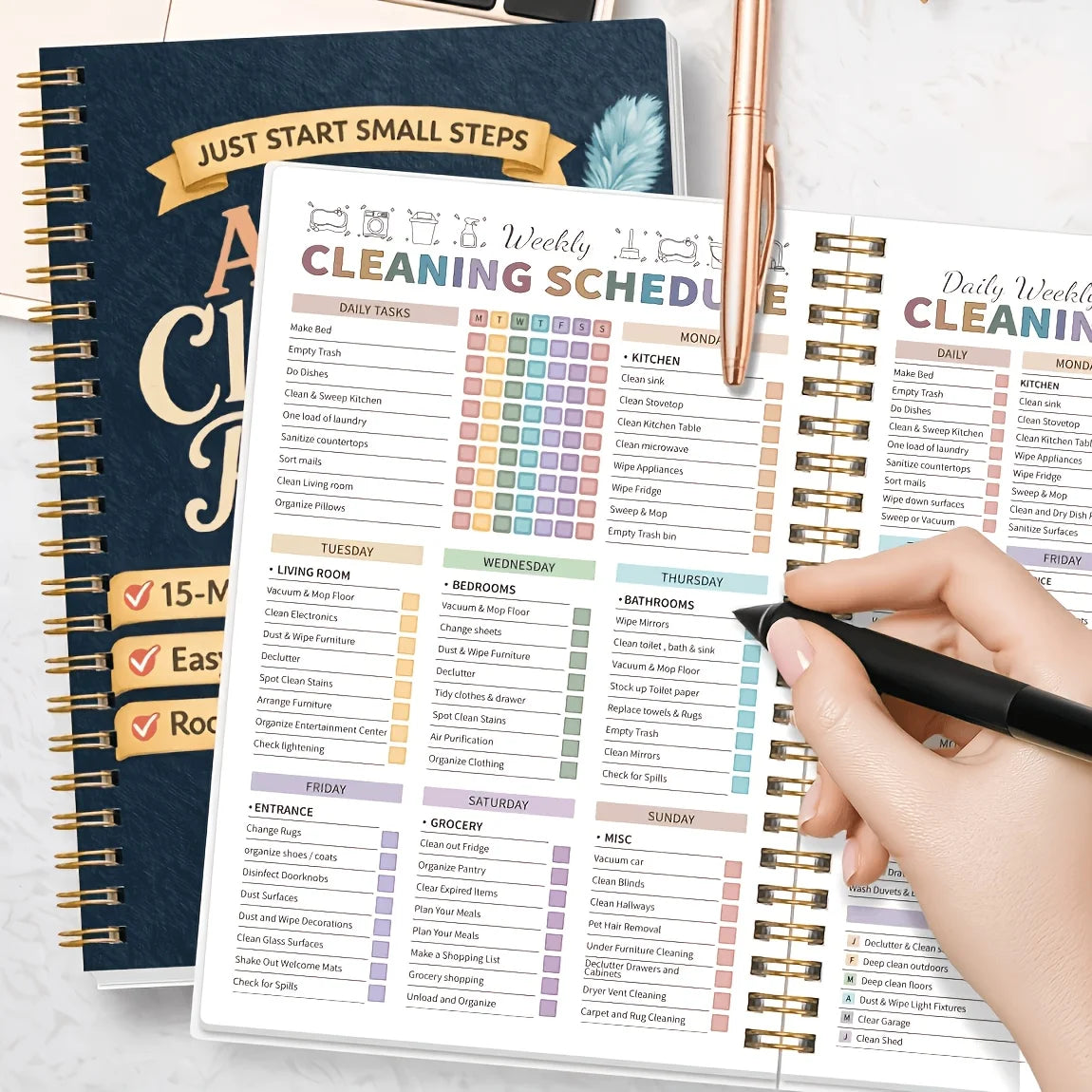 A spiral-bound cleaning schedule planner with daily tasks and weekly routines for household management.