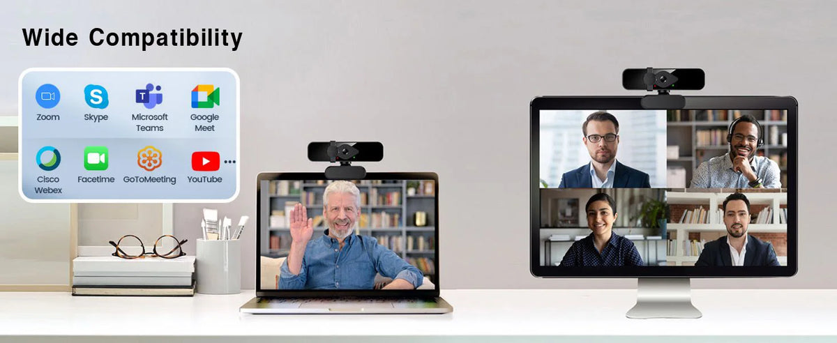 Laptop zeigt Videoanruf auf Monitor, demonstriert breite Kompatibilität für verschiedene Plattformen.
