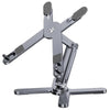 A silver 360° adjustable laptop and tablet stand with hinged arms for viewing angles.