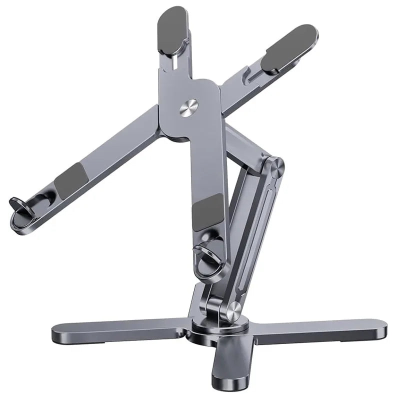 A silver 360° adjustable laptop and tablet stand with hinged arms for viewing angles.