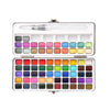 A white watercolor paint set with a brush and multiple colored paint pans in an open case.