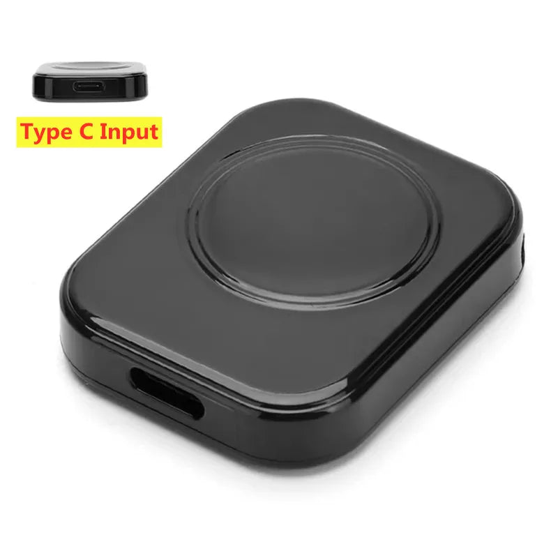 A black magnetic wireless charger with a Type C input port is shown on a white background.