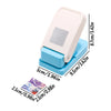 A white embossing punch machine with a light blue base and a square stamp visible on the top.