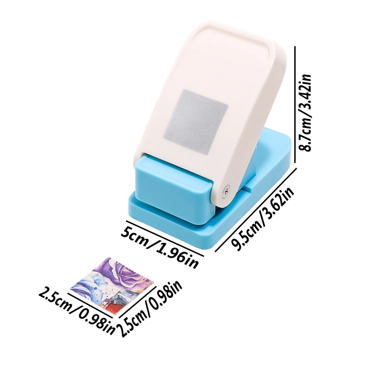 A white embossing punch machine with a light blue base and a square stamp visible on the top.