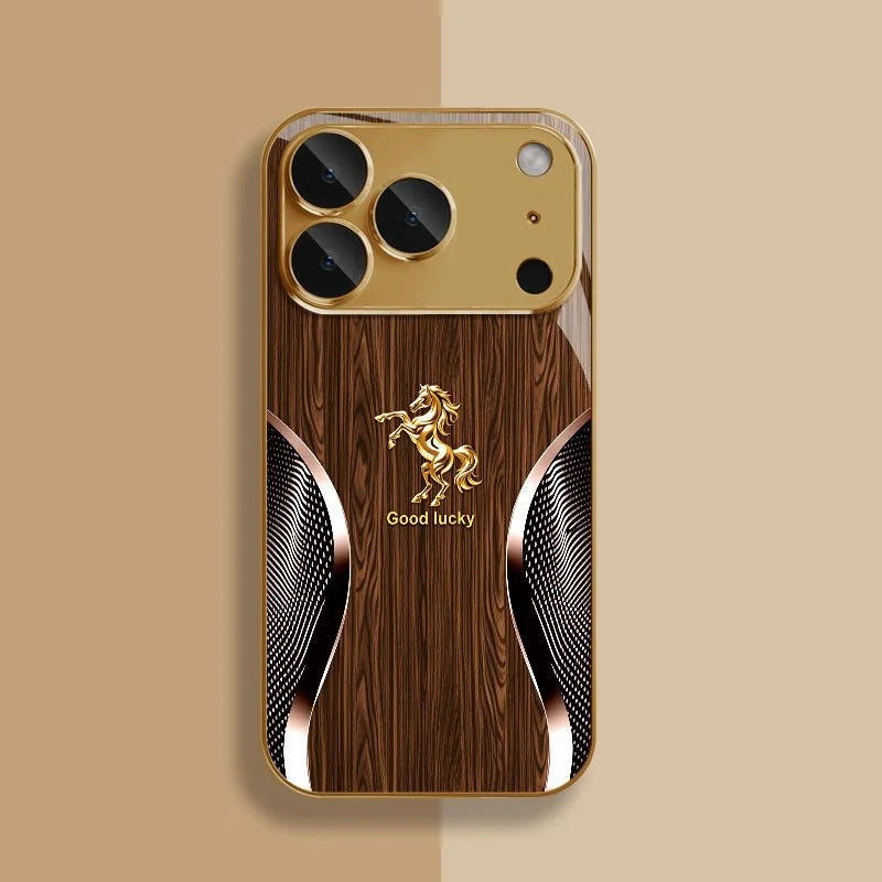 Golden horse wood grain tempered glass phone case for iPhone with a gold finish and decorative design