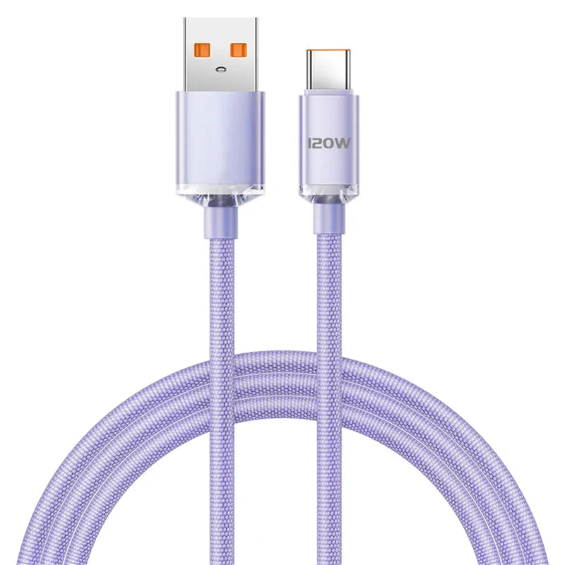 A purple braided nylon USB-C to USB-C fast charging cable with two connectors shown against a white background.