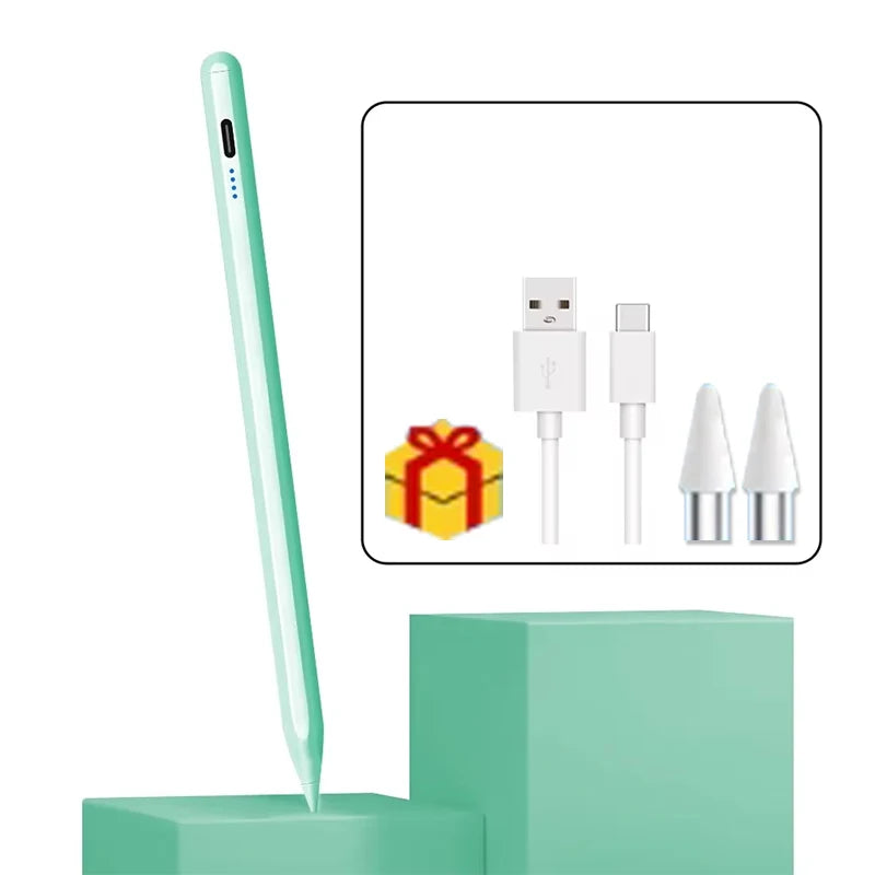 Helle grüne kapazitive Stylus-Stift neben Ladekomponenten und einem grünen Ständer