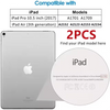 A transparent tempered glass screen protector for an iPad, shown next to compatibility information.
