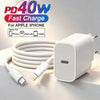A white 40W USB-C fast charger and cable for an Apple iPhone are shown on a light surface.