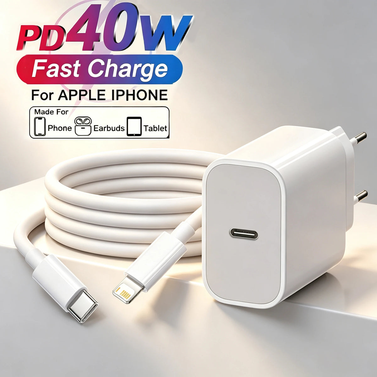 A white 40W USB-C fast charger and cable for an Apple iPhone are shown on a light surface.