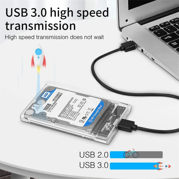 A USB 3.0 external hard drive enclosure is shown connected to a laptop, demonstrating high-speed data transmission.