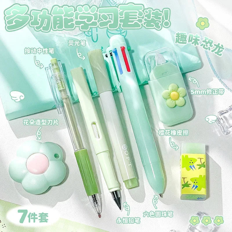 A set of seven cute cartoon school stationery items including pens and pencils in various pastel colors