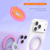 A white phone case with a pink magnetic ring buckle bracket attached, demonstrating the multi functional triple fold feature.