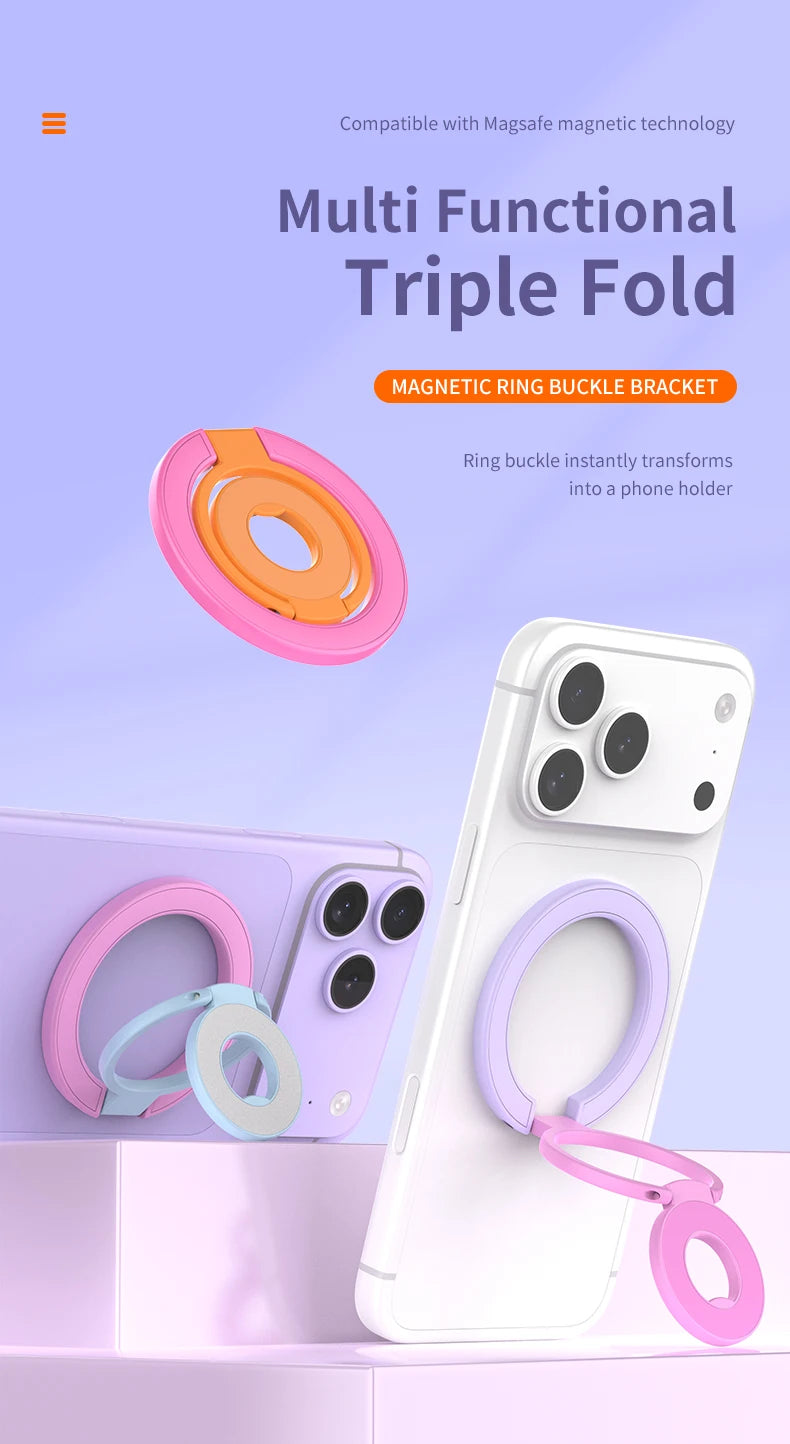 A white phone case with a pink magnetic ring buckle bracket attached, demonstrating the multi functional triple fold feature.