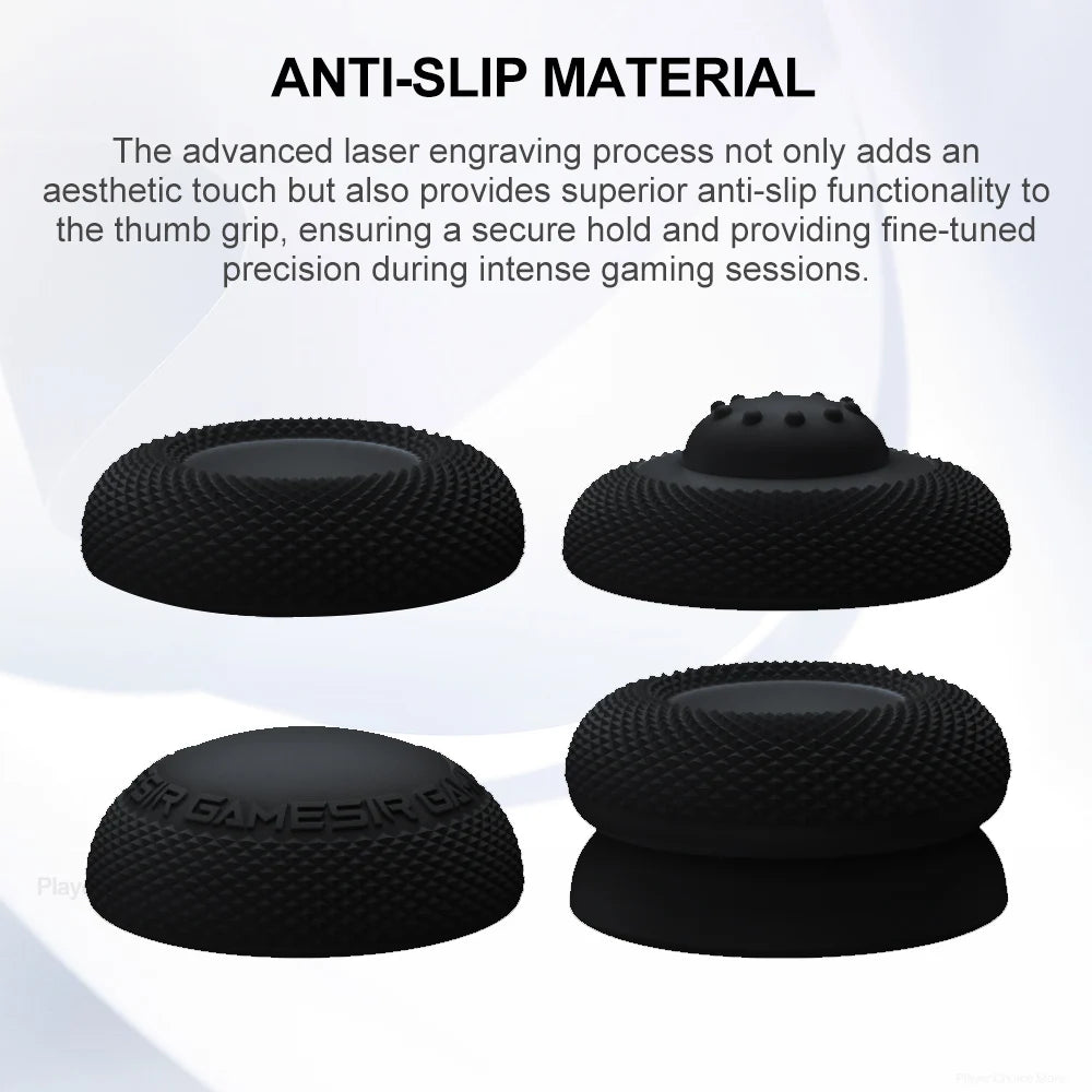 Three black silicone anti-slip thumb grips shown in different views