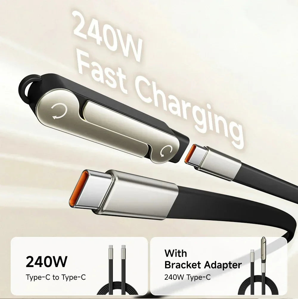 A 240W fast charging Type-C to Type-C cable with a bracket adapter and phone stand.