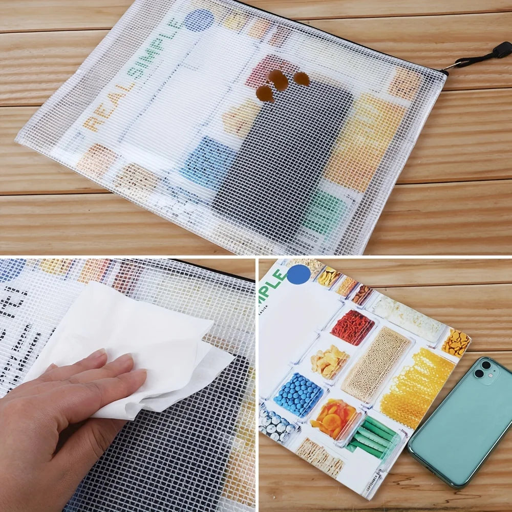 Transparente Netz-Zipper-Tasche mit bunten Gegenständen, die Organisation demonstriert.