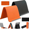 Orange and black silicone multi-angle device stand shown in various angles and configurations.