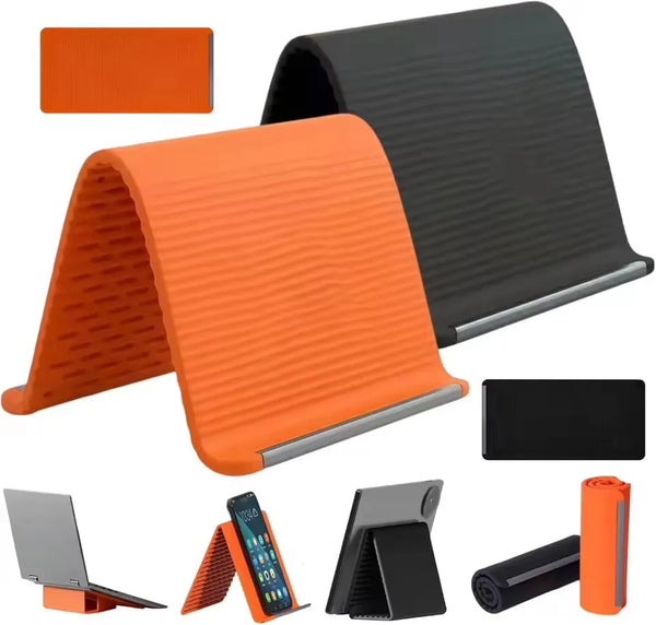 Orange and black silicone multi-angle device stand shown in various angles and configurations.