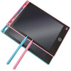 A portable LCD drawing tablet with a pink and black frame and a matching pink stylus is shown.