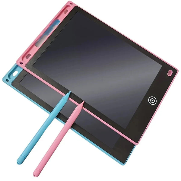 A portable LCD drawing tablet with a pink and black frame and a matching pink stylus is shown.