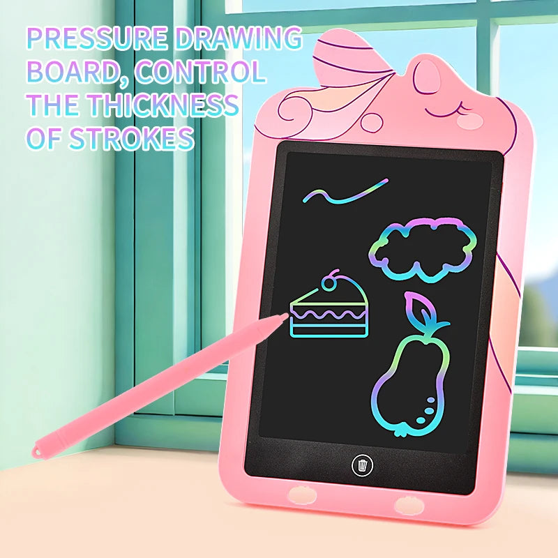 A pink LCD drawing tablet is shown with a finger drawing on the screen, demonstrating pressure drawing features.