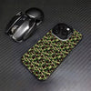 A black iPhone is shown alongside a patterned camouflage case and a protective shockproof cover.