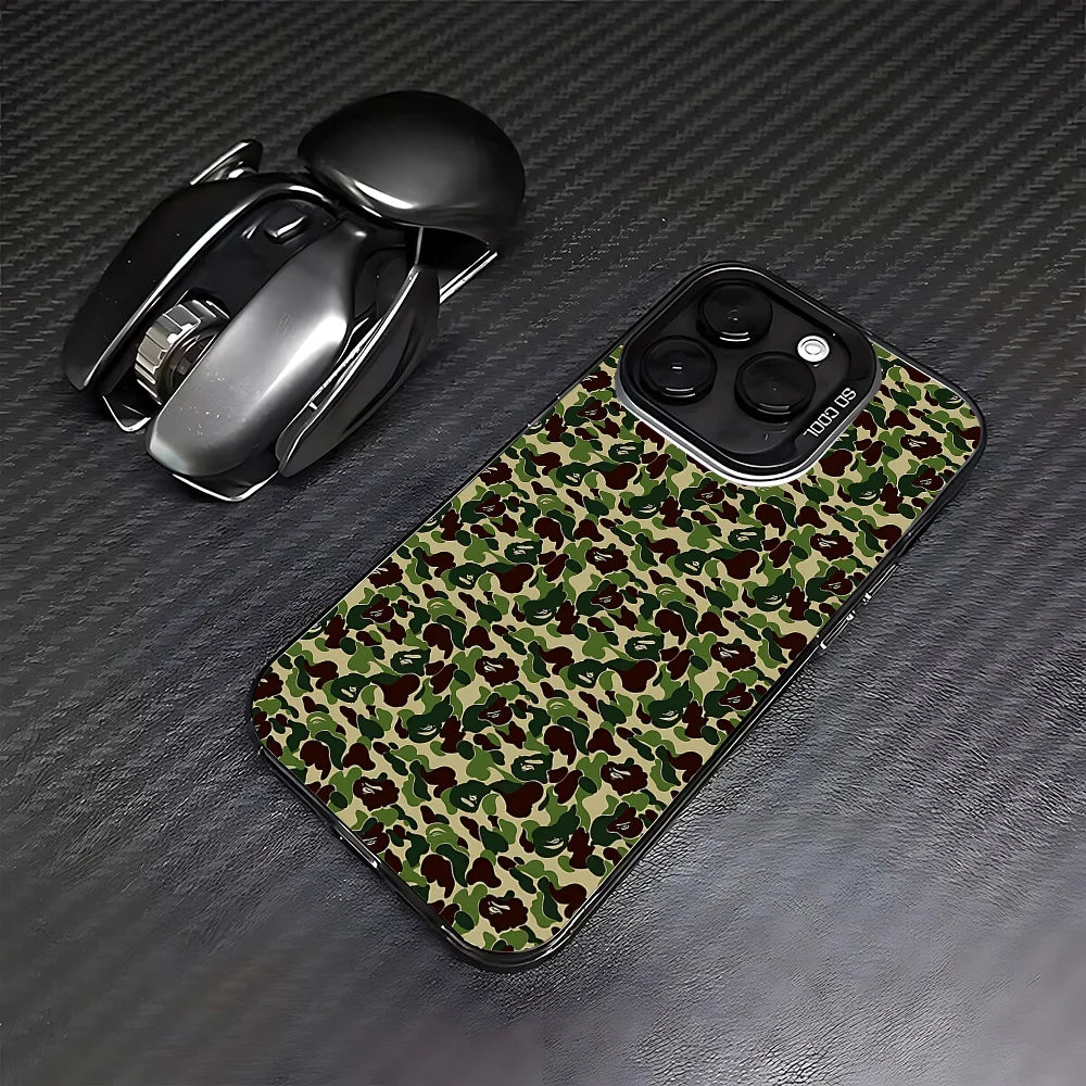 A black iPhone is shown alongside a patterned camouflage case and a protective shockproof cover.