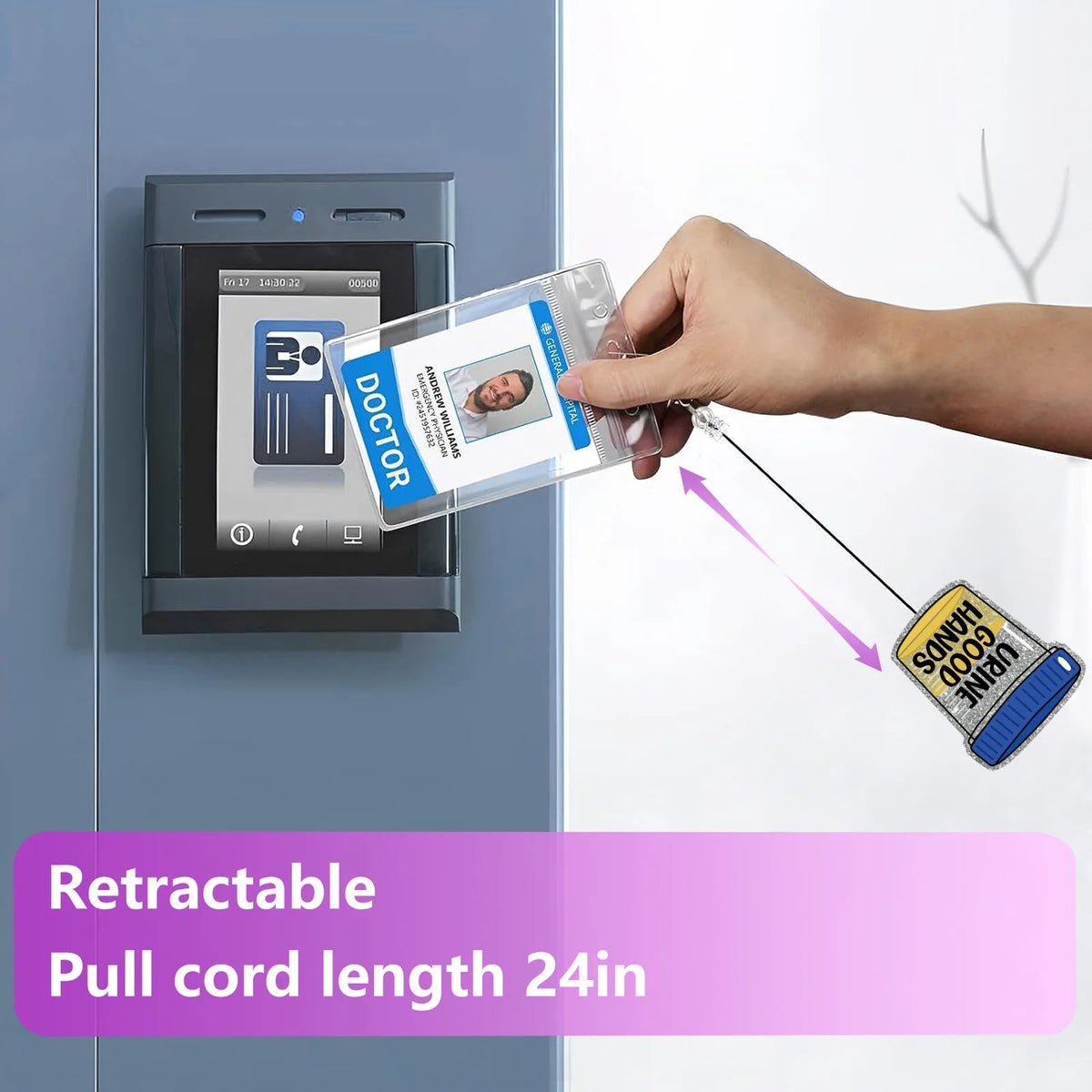 A hand is pulling a retractable badge reel with a glitter acrylic design from a slot on a gray cabinet.