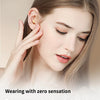 A woman is shown wearing mini Bluetooth earphones with a microphone, emphasizing comfort and zero sensation.