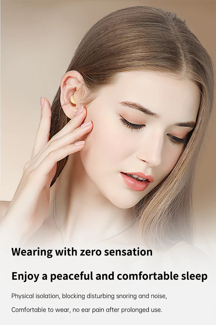 A woman is shown wearing mini Bluetooth earphones with a microphone, emphasizing comfort and zero sensation.