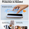 A hand applies a film to a smartphone screen using a dust-free cabin tool for scientific privacy protection.