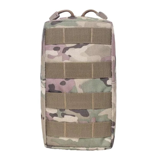 A tan and green camouflage tactical MOLLE utility pouch for multi-purpose gear.