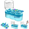A set of four silicone paint brush cleaning tools in blue and clear plastic containers.