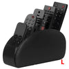 A black PU leather remote caddy organizer holding multiple TV remotes and a smartphone.