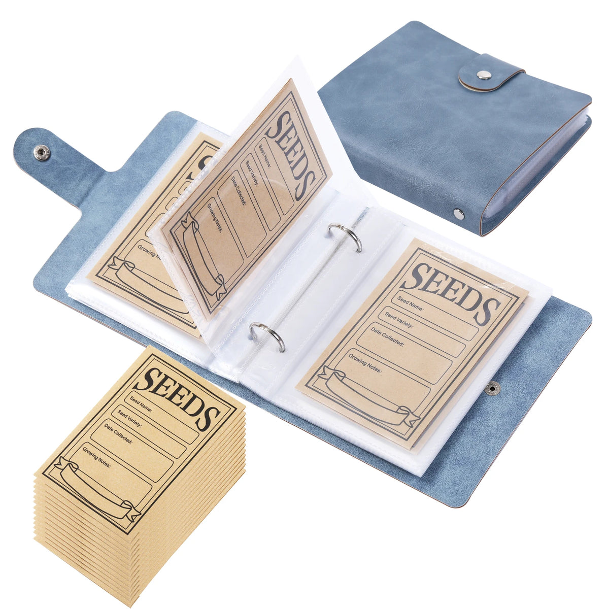 A set of garden seed storage organizers featuring a blue fabric pouch and individual seed labels.