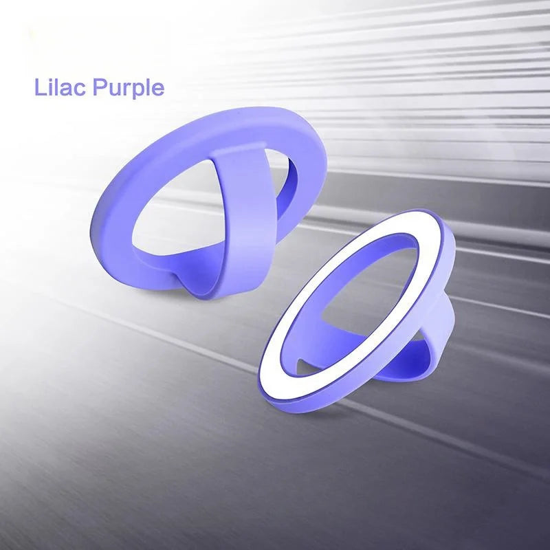 A lilac purple magnetic silicone phone grip with a foldable stand shown in a close-up view.