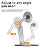 A silver foldable magnetic tablet stand demonstrating adjustable viewing angles.