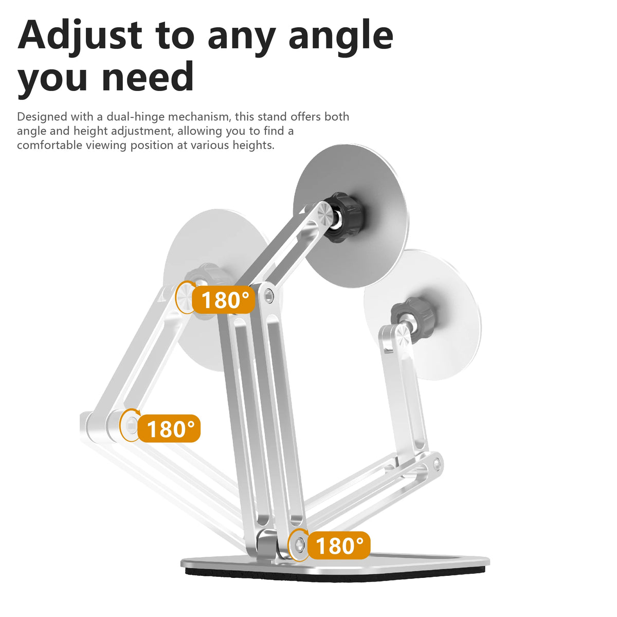 A silver foldable magnetic tablet stand demonstrating adjustable viewing angles.