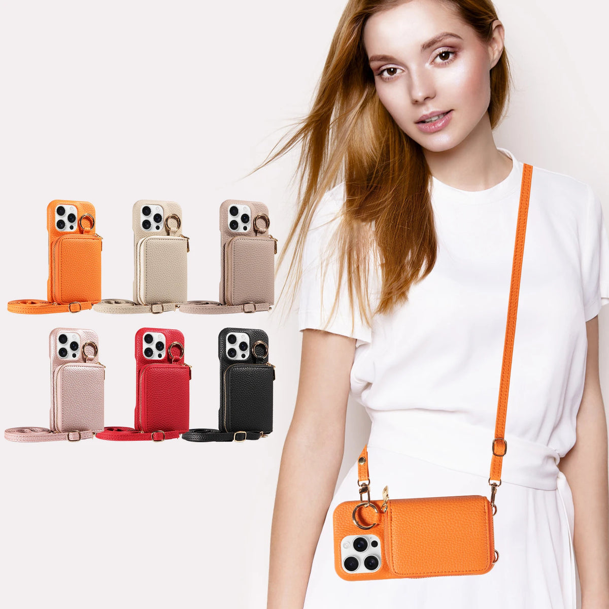 A woman holds various colored phone cases in a row against a white background.