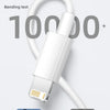 White USB-C fast charge cable demonstrating 90 degree arbitrary bending test.