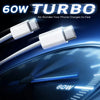 A white 60W Turbo fast charging USB-C to USB cable is shown next to a digital display indicating 60W power.