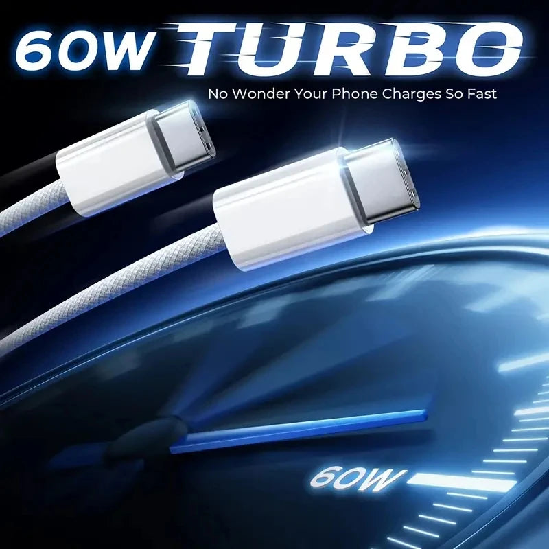 A white 60W Turbo fast charging USB-C to USB cable is shown next to a digital display indicating 60W power.