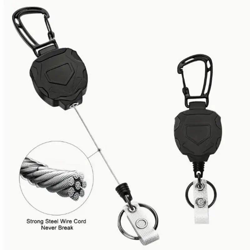 Black tactical ID badge holder keychain with a strong steel wire cord for never break security