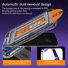 Automatic dust removal design for film pasting, showing a clear glass screen protector being applied.