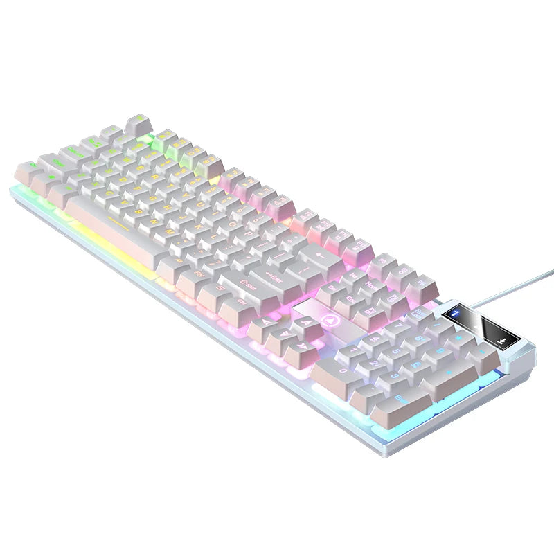 A white mechanical keyboard with pink and blue RGB backlighting, shown from a top-down angle.
