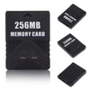 Black universal PS2 memory card with various capacity options shown in different views