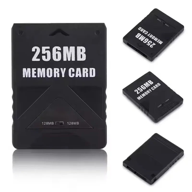Black universal PS2 memory card with various capacity options shown in different views