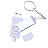A silver flash drive with a metal body and a keyring attachment.