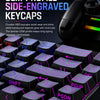 Close-up of OEM-profile side-engraved keycaps on a mechanical keyboard with an RGB backlight.